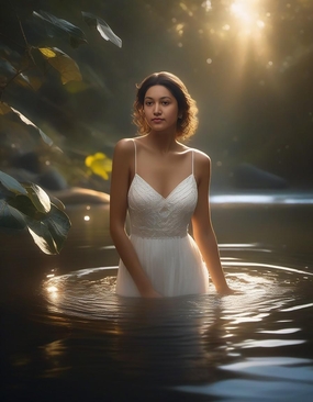 清晨阳光湖泊美女性感写真图片